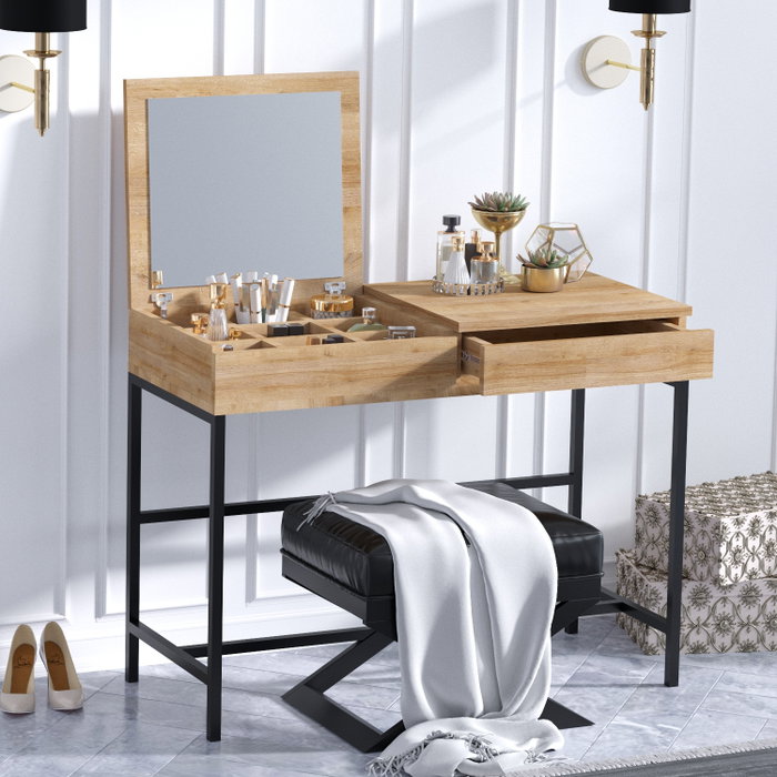 Hanah Home Mesa de Maquillaje Moderna Roble y Negro, Tablero Partículas Melamina, Patas Metal, 100x45x75 cm