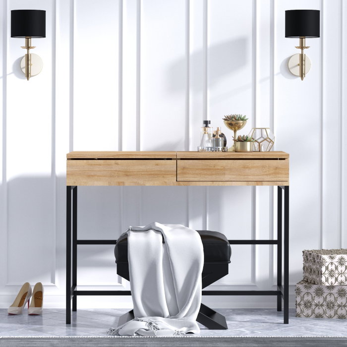 Hanah Home Mesa de Maquillaje Moderna Roble y Negro, Tablero Partículas Melamina, Patas Metal, 100x45x75 cm