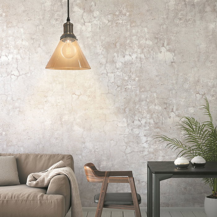 Home Deco Light Lámpara Colgante Cristal Ahumado Ámbar Luminaire Cónica Retro Contemporáneo Pantalla 18x13,5 cm Cable Negro 80 cm.