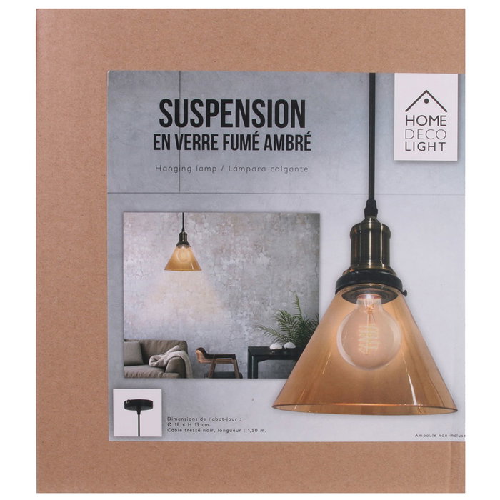 Home Deco Light Lámpara Colgante Cristal Ahumado Ámbar Luminaire Cónica Retro Contemporáneo Pantalla 18x13,5 cm Cable Negro 80 cm.