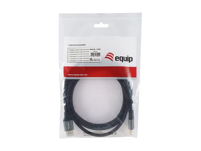 Equip Cable DisplayPort 2.1 119282 - Macho a Macho, 2 Metros, Resolución 16K@60Hz 8K@240Hz, 54 Gbps, HDR, Compatible HDCP, Carcasa de Aluminio, Color Plata y Negro