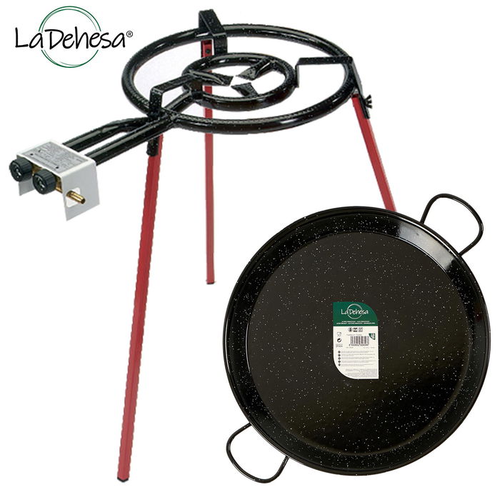 La Dehesa Set Paellera Esmaltada Negra/Roja 46cm con Quemador 400 y Patas 65cm para 12 Raciones (Set de 4)