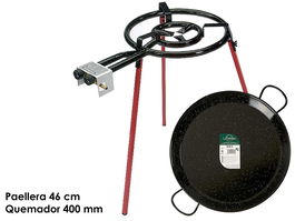 La Dehesa Set Paellera Esmaltada Negra/Roja 46cm con Quemador 400 y Patas 65cm para 12 Raciones (Set de 4)