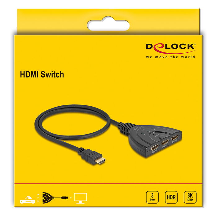 DeLOCK Conmutador HDMI 3x1, 8K 60Hz, 48Gbps, HDR, Plug & Play, HDCP 2.3, con Cable Integrado 60cm (Modelo 3 x HDMI in zu 1 x HDMI out)
