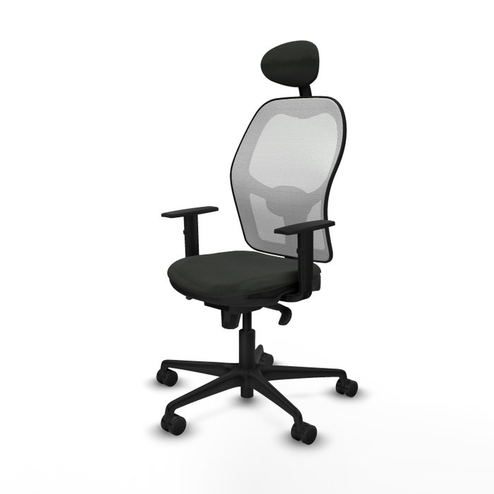 Silla de oficina Jorquera con mecanismo Sincro tapizada con Tela color Negro y malla color Blanco. Equipada con lumbar 1D, Brazos 1D, Cabecero Fijo y Ruedas 65mm nailon