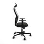 Silla de oficina Jorquera con mecanismo Sincro tapizada con Tela color Negro y malla color Blanco. Equipada con lumbar 1D, Brazos 1D, Cabecero Fijo y Ruedas 65mm nailon