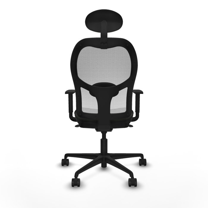 Silla de oficina Jorquera con mecanismo Sincro tapizada con Tela color Negro y malla color Blanco. Equipada con lumbar 1D, Brazos 1D, Cabecero Fijo y Ruedas 65mm nailon
