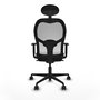 Silla de oficina Jorquera con mecanismo Sincro tapizada con Tela color Negro y malla color Blanco. Equipada con lumbar 1D, Brazos 1D, Cabecero Fijo y Ruedas 65mm nailon