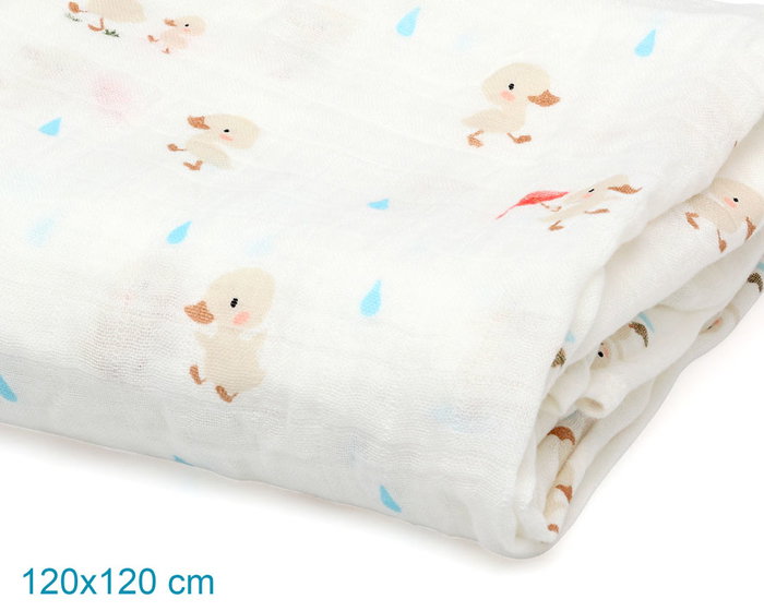 KioKids Muselina Patitos 120x120 cm, Suave Bambú y Algodón, Termorreguladora, Antibacteriana, Certificado Oeko-Tex, +0 Meses