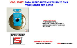 Tapa de acero inoxidable multiuso 20 cm TECNH REF 01590