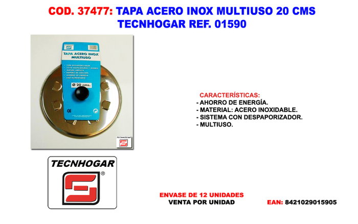 Tapa de acero inoxidable multiuso 20 cm TECNH REF 01590 Tapa de acero inoxidable multiuso 20 cm TECNH REF 01590
