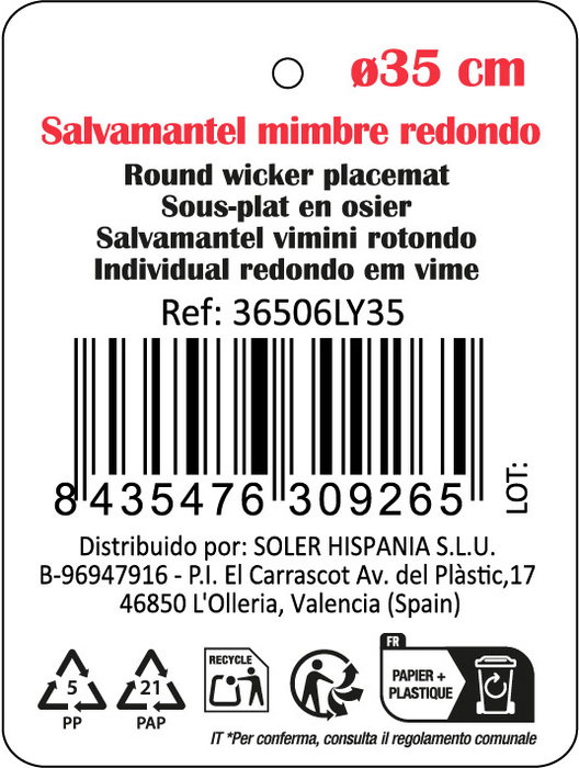 Inde Salvamantel Mimbre Redondo Ø35 cm con Asas Privilege (12 Unidades)