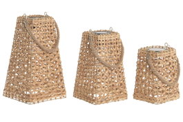 DKD Home Decor Set de 3 Lámparas Solares de Fibra Marrón con Asa de Cuerda 20x20x36 cm