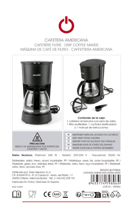 Basic Home Cafetera Americana 650ml 650W