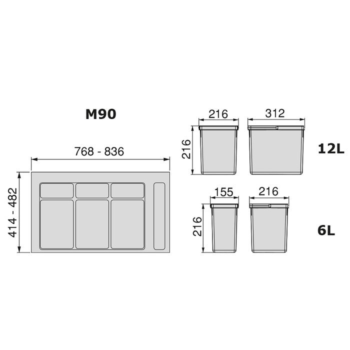 Emuca Kit de contenedores de reciclaje para cajón de cocina con base Recycle altura 216mm, 2x12litros, 2x6litros, módulo 900mm, Plástico gris antracita Emuca Kit de contenedores de reciclaje para cajón de cocina con base Recycle altura 216mm, 2x12litros, 2x6litros, módulo 900mm, Plástico gris antracita