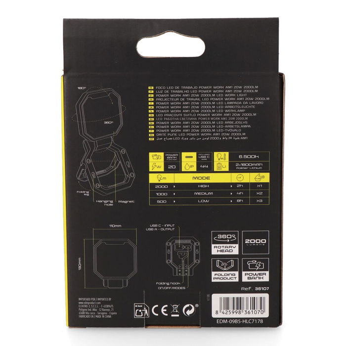 Edm Foco LED de Trabajo Power Work AM1 20W 2000lm Recargable 3 Modos IP44 Tipo C