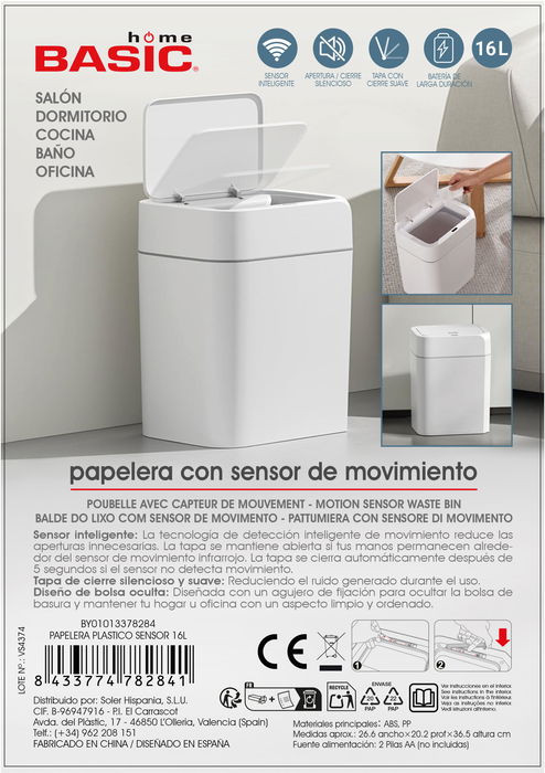 Inde Papelera de Plástico con Sensor 16L Basic Home - 26.6x20.2x36.5 cm (6 Unidades)