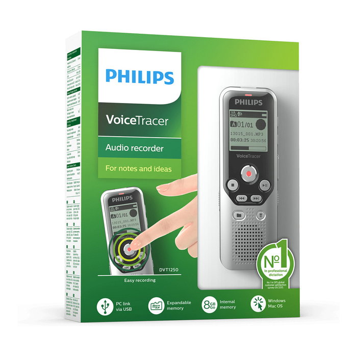 Philips DVT1250 Voice Tracer - Grabadora de voz digital, 8 GB, hasta 583 h de grabación, soporta WAV, activación por voz, idiomas: ESP/ENG/FR/DE/IT/PL/RU