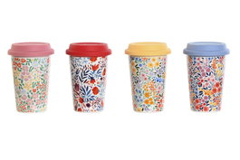 DKD Home Decor Set de 4 Tazas de Porcelana con Diseño Floral Multicolor, 400 ml