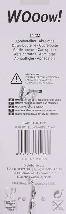 Wooow Abrebotellas-Abrelatas 23.5 cm Largo x 7.5 cm Ancho x 3 cm Alto (36 Unidades)