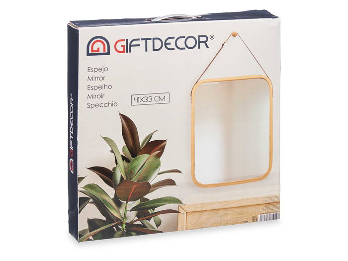 Giftdecor Espejo Rectangular de Bambú con Correa de Cuero 41 x 33 cm (Set de 6)