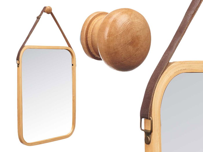 Giftdecor Espejo Rectangular de Bambú con Correa de Cuero 41 x 33 cm (Set de 6)