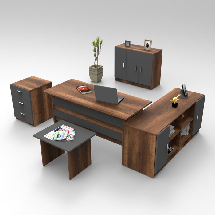 Hanah Home Conjunto de Muebles de Oficina Moderno y Elegante Nogal y Antracita, Incluye Mesa de Estudio, Mesa de Centro, Cajonera, Armario y Consola para Oficina Productiva y Cómoda