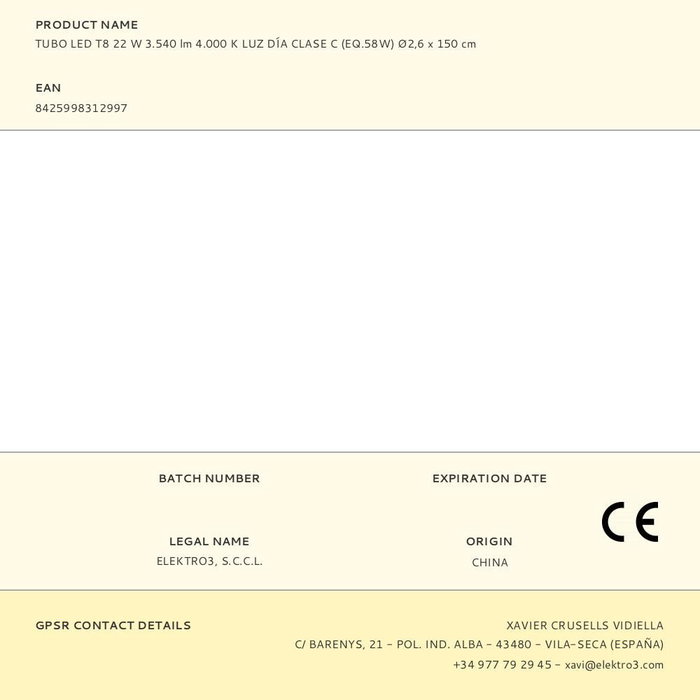 Edm Tubo LED T8 22W 3.540 lm 4.000 K Luz Día Ø 2,6 x 150 cm