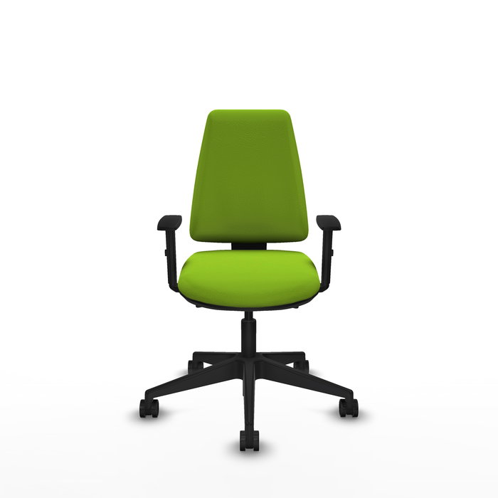 Silla de oficina Elche con mecanismo Asincro tapizada con Similpiel color Pistacho. Equipada con Base piramidal negra, Brazos 1D y Ruedas 65mm nailon