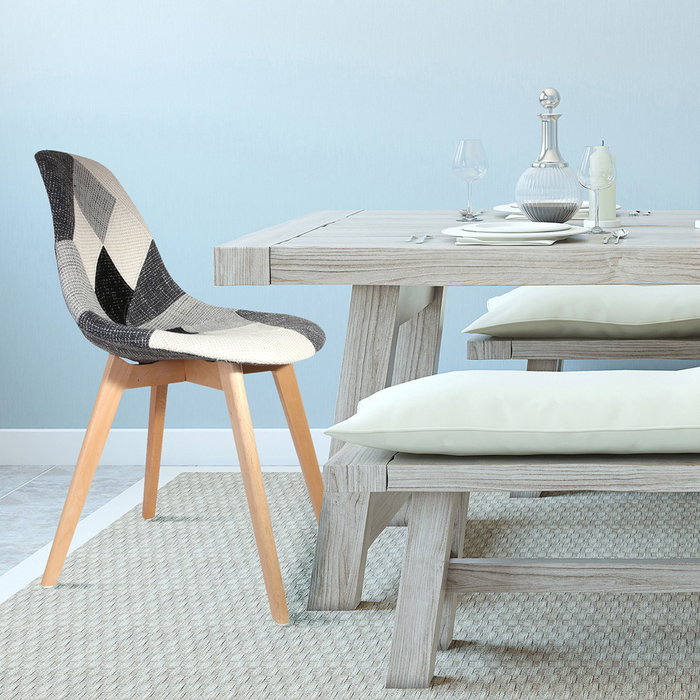 Home Deco Factory Silla Patchwork Gris-Blanco Estilo Charles Eames Patas Madera Tela 46.5x54cm Alto 85cm