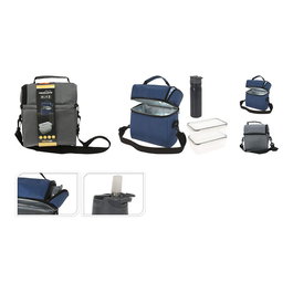 Basics Bolsa Térmica Porta Alimentos 4 Piezas con 2 Fiambreras y Botella, 2 Compartimentos, Gris