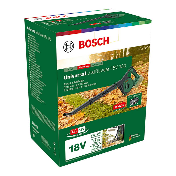 Bosch Soplador de Hojas a Bateria Universal LeafBlower 18V-130 Solo, Verde/Negro, 18V, 185-245 kmh, Sin Bateria ni Cargador, Compatible POWER FOR ALL ALLIANCE