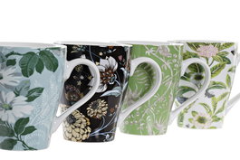 DKD Home Decor Taza de Porcelana Multicolor 320ml con Flores Apto Microondas y Lavavajillas 8.6 x 11 x 12.5 cm (12 Unidades)