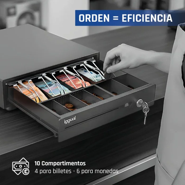 Iggual IRON-10 Cajón Portamonedas Automático y Manual con 4 Compartimentos para Billetes y 6 para Monedas, Color Negro
