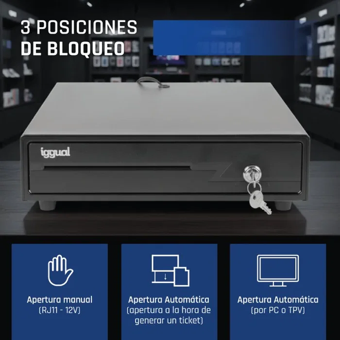 Iggual IRON-10 Cajón Portamonedas Automático y Manual con 4 Compartimentos para Billetes y 6 para Monedas, Color Negro