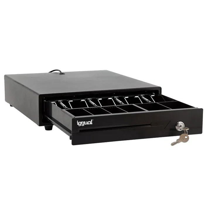 Iggual IRON-10 Cajón Portamonedas Automático y Manual con 4 Compartimentos para Billetes y 6 para Monedas, Color Negro