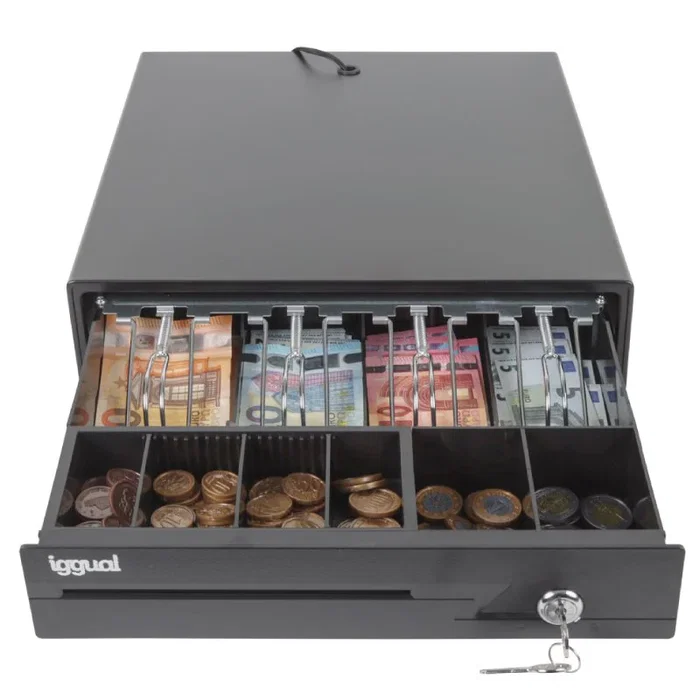 Iggual IRON-10 Cajón Portamonedas Automático y Manual con 4 Compartimentos para Billetes y 6 para Monedas, Color Negro