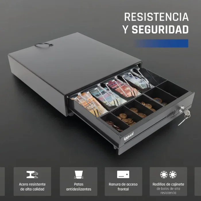 Iggual IRON-10 Cajón Portamonedas Automático y Manual con 4 Compartimentos para Billetes y 6 para Monedas, Color Negro