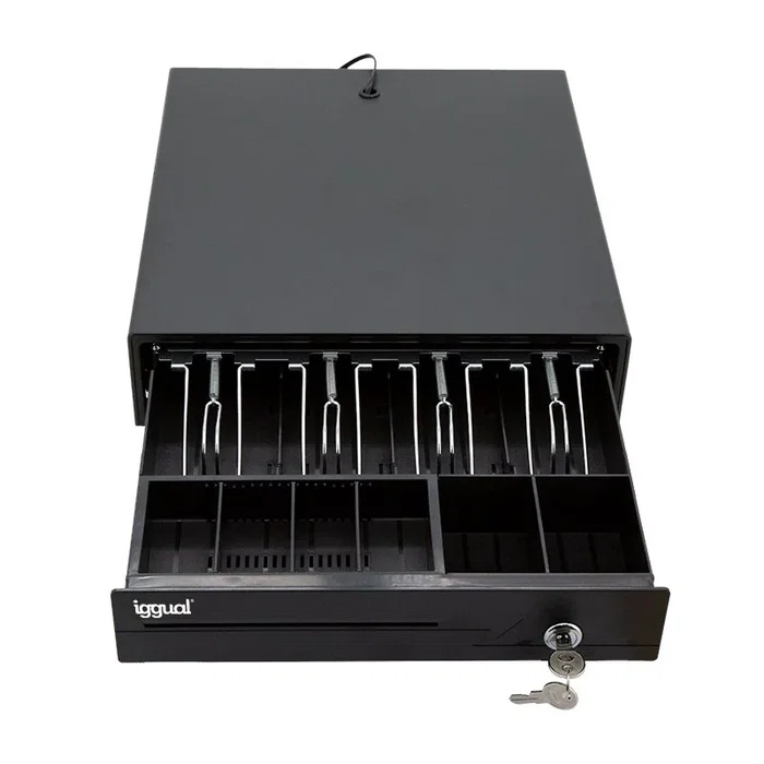 Iggual IRON-10 Cajón Portamonedas Automático y Manual con 4 Compartimentos para Billetes y 6 para Monedas, Color Negro