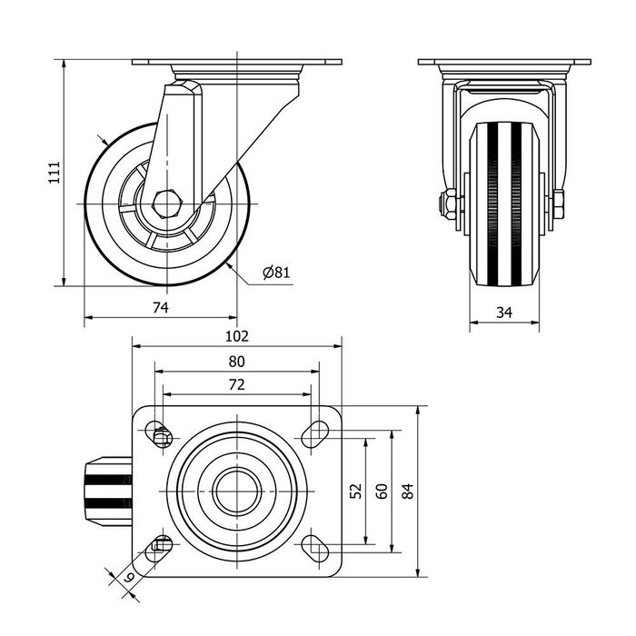 Ruedas Alex Rueda Giratoria Goma Negra Placa Eje Liso 60 kg Ø 8 cm