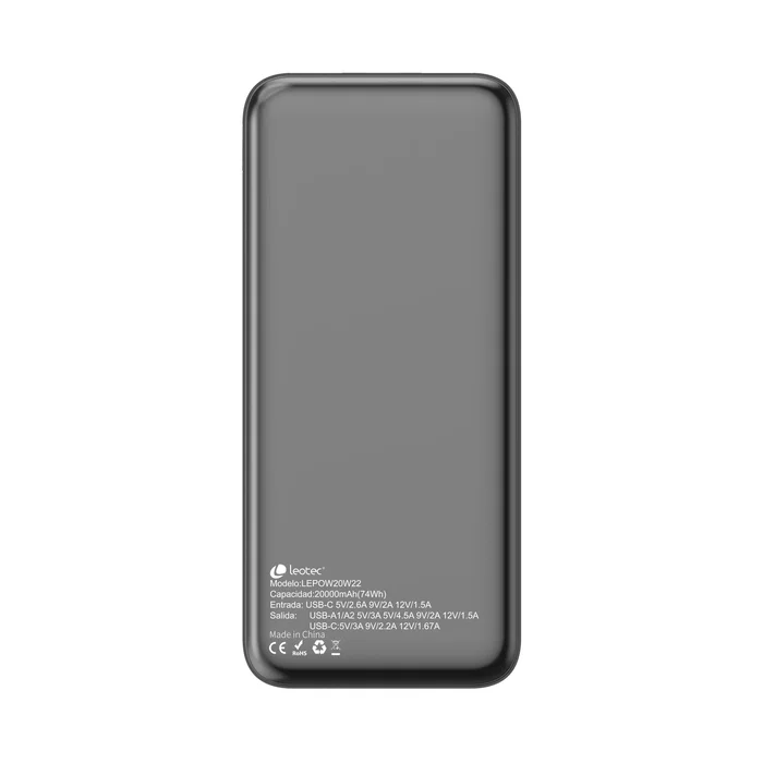 Leotec LEPOW20W22K Power Bank 20000 mAh 22.5W PD/QC 3.0 Batería Externa con Puertos USB-C (20W) + 2 USB-A (22.5W), Pantalla Digital y Carga Rápida - Negro