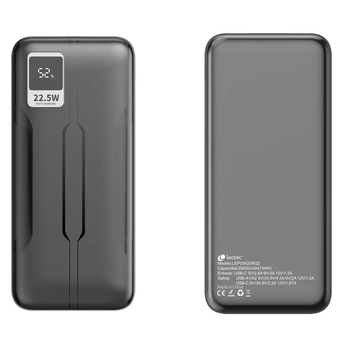 Leotec LEPOW20W22K Power Bank 20000 mAh 22.5W PD/QC 3.0 Batería Externa con Puertos USB-C (20W) + 2 USB-A (22.5W), Pantalla Digital y Carga Rápida - Negro