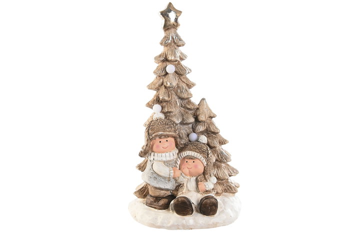 DKD Home Decor Figura de Navidad Moderna para Decoración del Hogar Niños Árbol Blanco Dorado Set 2 Unidades 44x23.5x23 cm de Magnesia con Luz LED