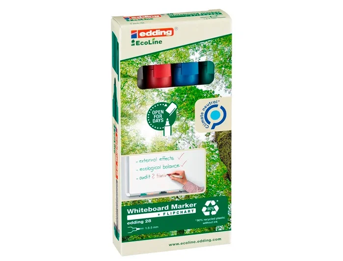 Edding 28 Rotulador para pizarra blanca ecoline 90% reciclado, 4 colores surtidos, punta redonda 1,5-3 mm Edding 28 Rotulador para pizarra blanca ecoline 90% reciclado, 4 colores surtidos, punta redonda 1,5-3 mm