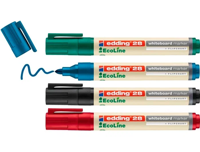 Edding 28 Rotulador para pizarra blanca ecoline 90% reciclado, 4 colores surtidos, punta redonda 1,5-3 mm Edding 28 Rotulador para pizarra blanca ecoline 90% reciclado, 4 colores surtidos, punta redonda 1,5-3 mm