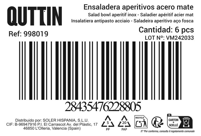Quttin Ensaladera Aperitivo Acero Inoxidable Mate 29 cm (6 Unidades)
