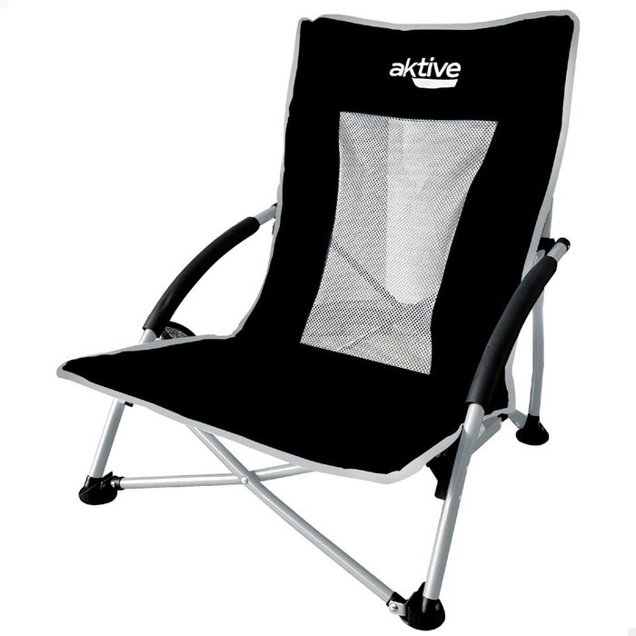 Aktive Silla plegable de camping baja y transpirable negra con posavasos