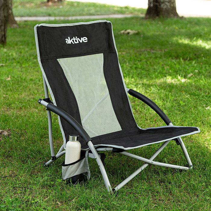 Aktive Silla plegable de camping baja y transpirable negra con posavasos