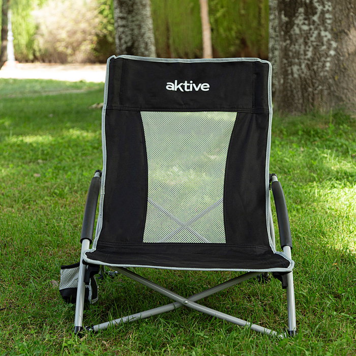 Aktive Silla plegable de camping baja y transpirable negra con posavasos