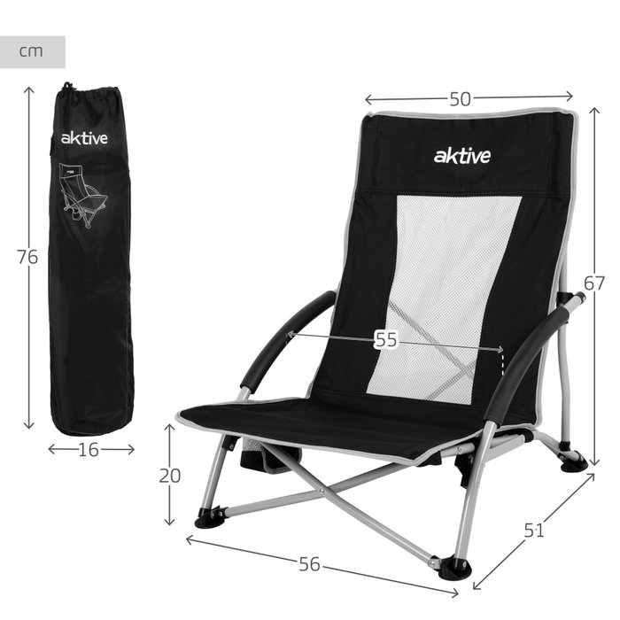 Aktive Silla plegable de camping baja y transpirable negra con posavasos